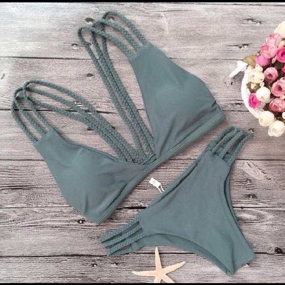 Army Green Strappy Bikini - Picture 2 of 8